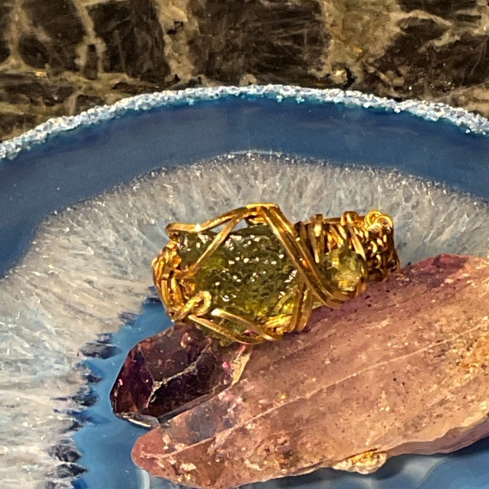 Moldavite Brass Wirewrap Ring 9
